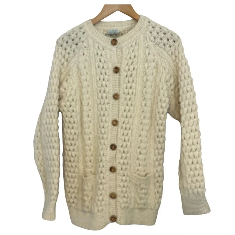 Vtg L.L. Bean Fisherman Cable Knit Cardigan Sweater Womens M Cream Coastal